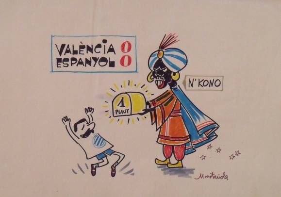 Joaquim Muntañola. Marker drawing “Valencia 0 Espanyol 0”. Hand signed. Football. 35x50 cm. 1985-1986.