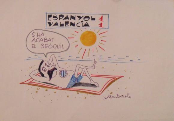 Joaquim Muntañola. Marker drawing “Espanyol 1 Valencia 1”. Hand signed. Football. 35x50 cm. 1985-1986 League.