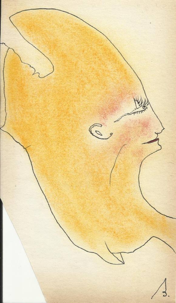 Antonio Beneyto. Ink and color drawing on paper. Surrealism. Hand signed. 18.5x10.5 cm.