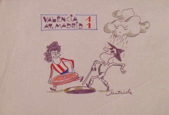 Joaquim Muntañola. Marker drawing “Valencia 1 At. Madrid 1”. Signed by hand. Football. 35x50 cm.