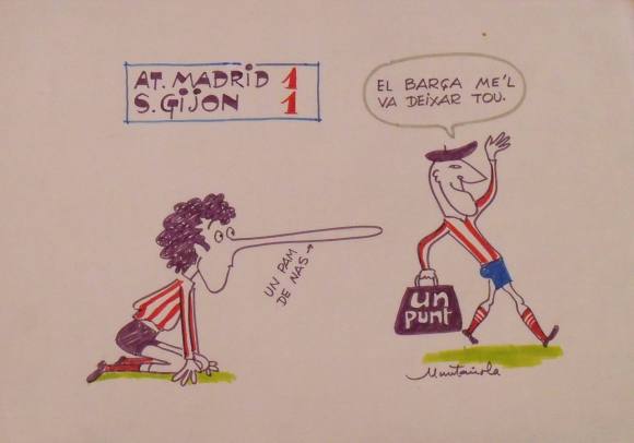 Joaquim Muntañola. Marker drawing “At. Madrid 1 S. Gijón 1”. Signed by hand. Football. 35x50 cm.