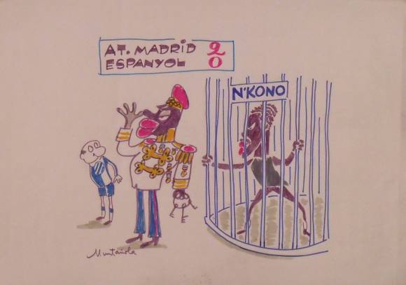 Joaquim Muntañola. Marker drawing “At. Madrid 2 Espanyol 0”. Signed by hand. Football. 35x50 cm.