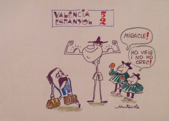 Joaquim Muntañola. Marker drawing “Valencia 5 Espanyol 2”. Signed by hand. Football. 35x50 cm.