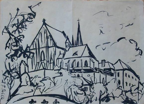 Antonin Frantisek Sthelík. Ink drawing “Landscape with Church”. Hand-signed. 1965. 33x45 cm.