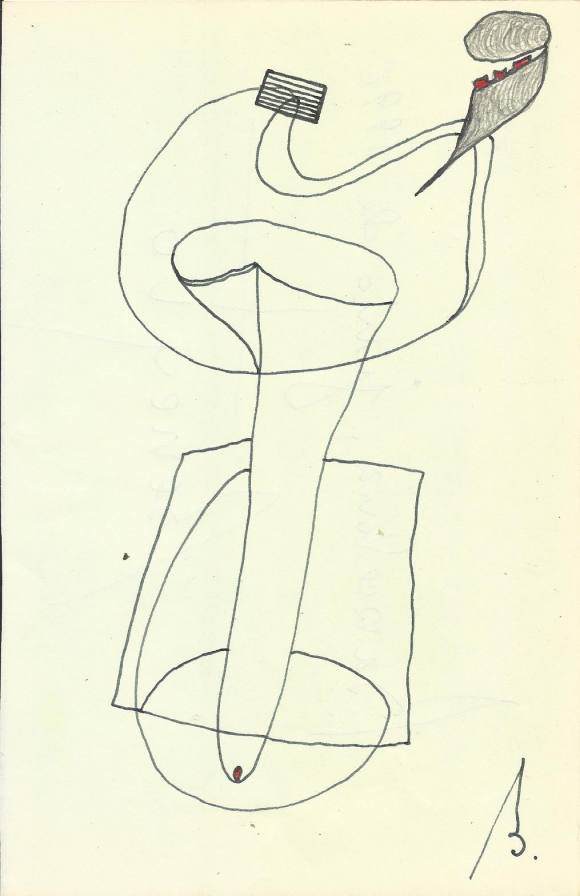 Antonio Beneyto. Ink and colored drawing on paper. Surrealism. Hand-signed with a B. 1996. 20 x 13 cm. Signed and dated on the back.