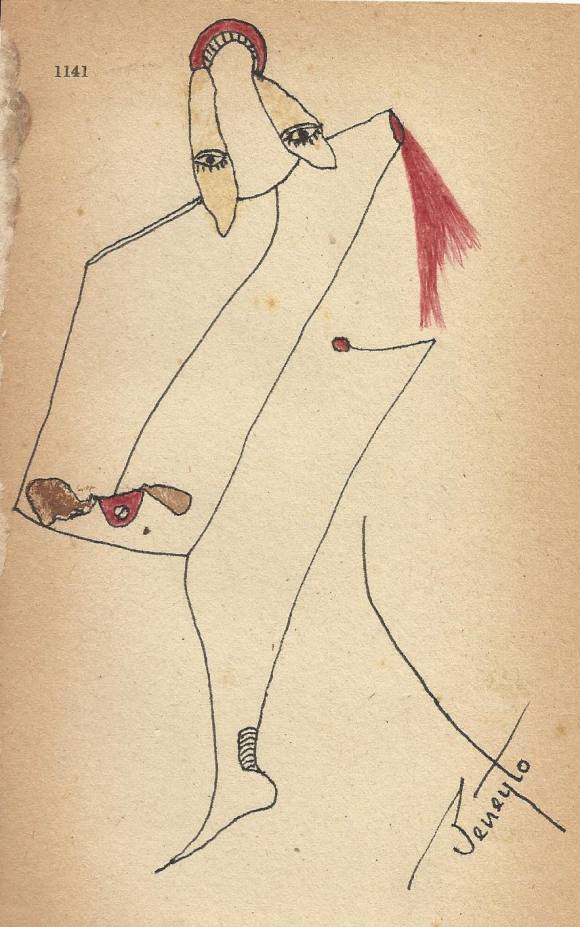 Antonio Beneyto. Ink and colored drawing on paper. Surrealism. Hand-signed. 18 x 11 cm.