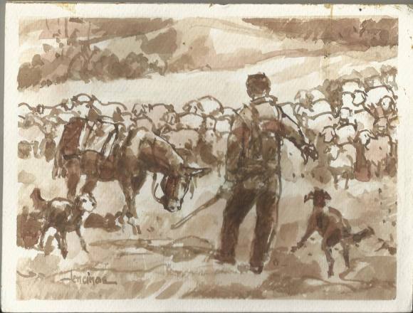 Carlos Enrique Lencinas Gómez (1937-2018). Watercolor on paper. “Shepherd, sheep, donkey and dogs”. Hand-signed. 18x24 cm.