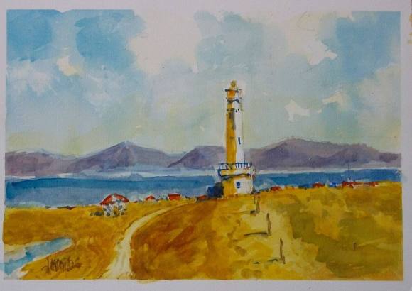 Carlos Enrique Lencinas Gómez. Watercolor on paper. “The Lighthouse and Sand”. Hand-signed. 25x35 cm.