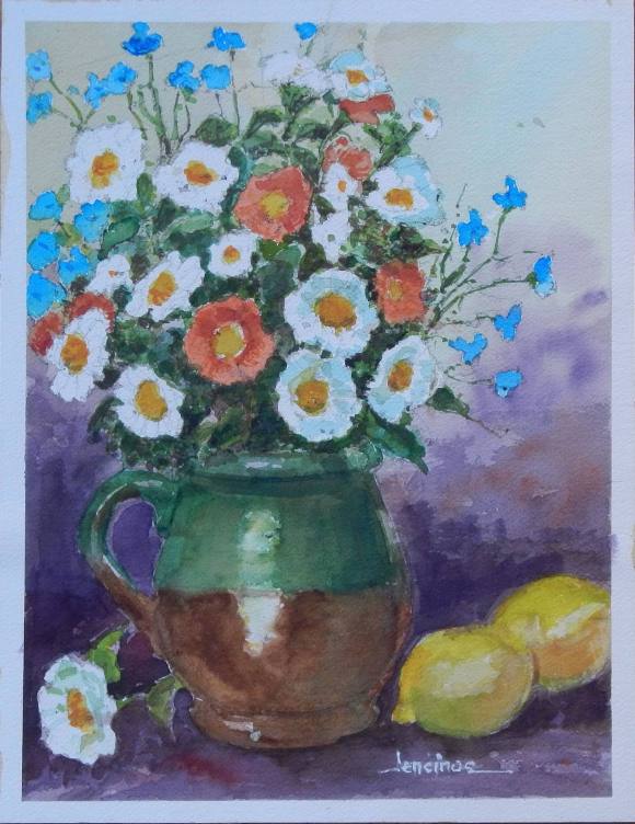 Carlos Enrique Lencinas Gómez. Watercolor on paper. “Vase of Flowers and Lemons”. Hand-signed. 34x26 cm.