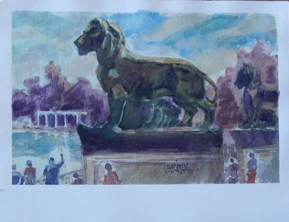 Carlos Enrique Lencinas Gómez. Watercolor on paper. “Lions. Retiro Park. Madrid”. Hand-signed. 23x30 cm.