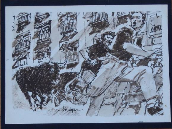 Carlos Enrique Lencinas Gómez. Ink on paper “San Fermín. Pamplona”. Hand-signed. 23x31 cm.