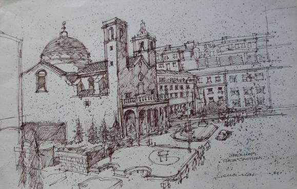 Carlos Enrique Lencinas Gómez. Ink on paper. “Barcelona. Plaza Castilla”. Hand-signed. 1976. 32x50 cm.