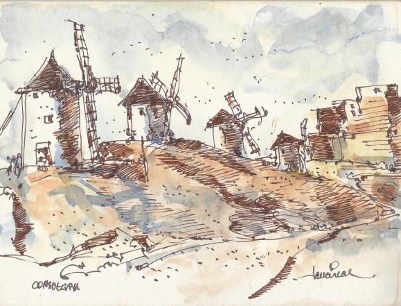 Carlos Enrique Lencinas Gómez. Watercolor and ink on paper. “Consuegra”. Windmills. Hand-signed. 16.5 x 22 cm.