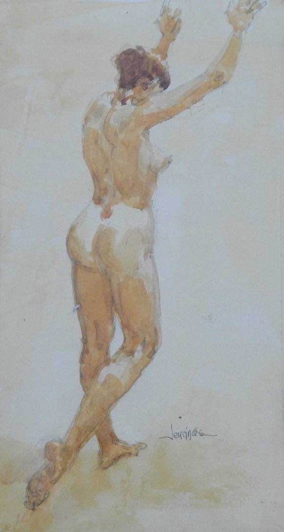 Carlos Enrique Lencinas Gómez. Watercolor on paper. “Female Nude”. Hand-signed. Mounted on foam board. 40 x 22 cm