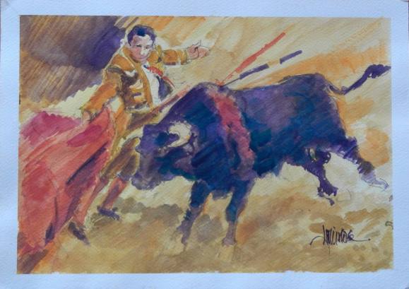 Carlos Enrique Lencinas Gómez. Watercolor on paper. “Bullfighter and bull”. Hand-signed. 25x35 cm.