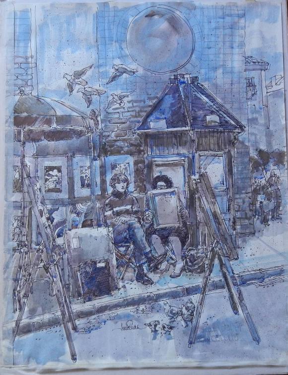 Carlos Enrique Lencinas Gómez. Watercolor and ink on paper. Sant Josep Oriol Square. Barcelona. Hand-signed. 65x50 cm.