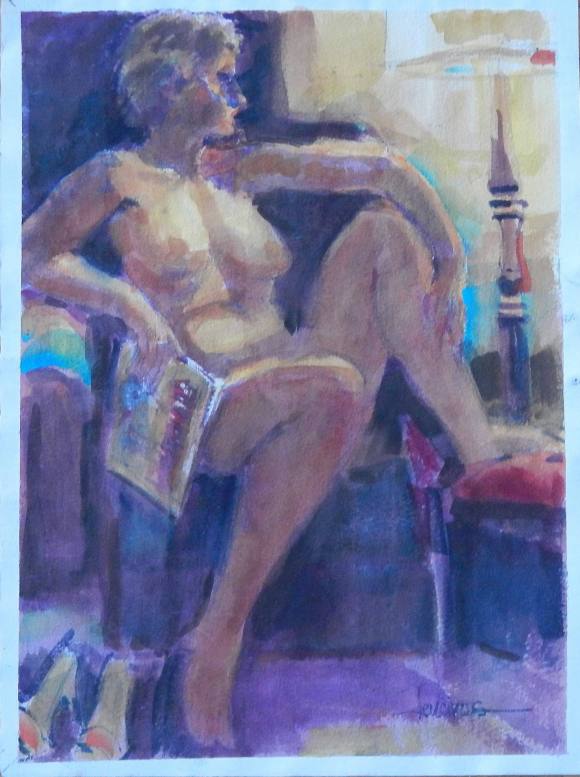 Carlos Enrique Lencinas Gómez. Watercolor on paper. “Female Nude”. Hand-signed. 38x28 cm.