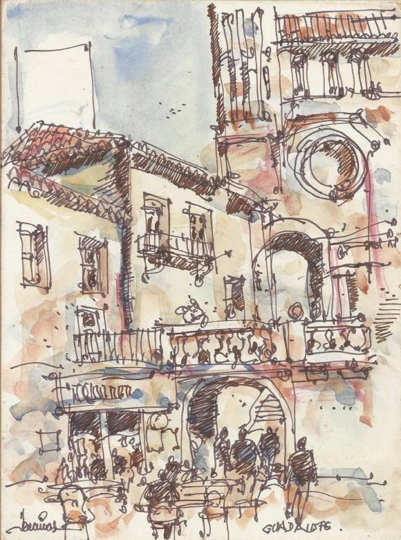 Carlos Enrique Lencinas Gómez. Watercolor and ink on paper. “Guadalupe”. Cáceres. Hand-signed. 22 x 16.5 cm. Mounted on cardboard.