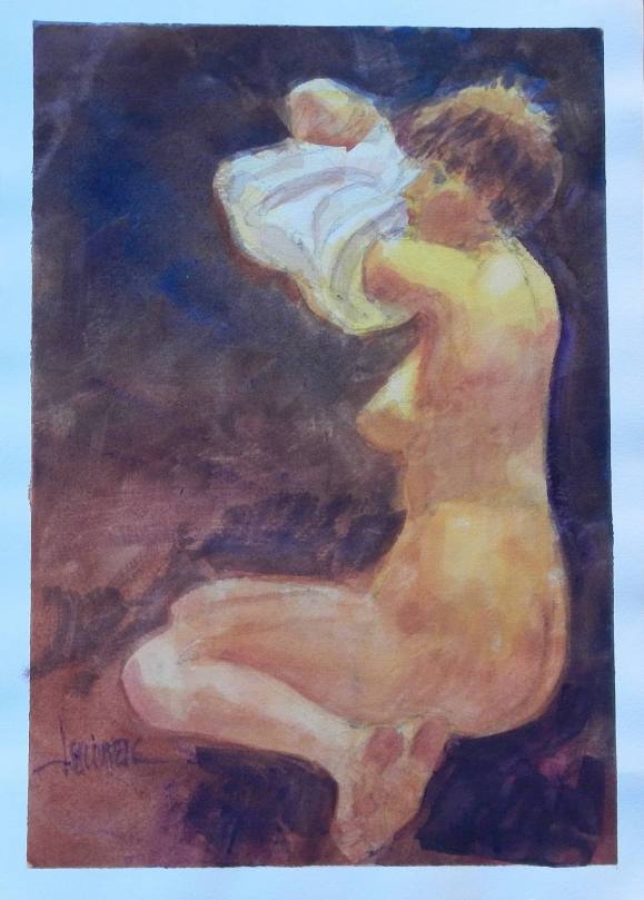 Carlos Enrique Lencinas Gómez. Watercolor on paper. “Female Nude and T-shirt”. Hand-signed. 38x28 cm.