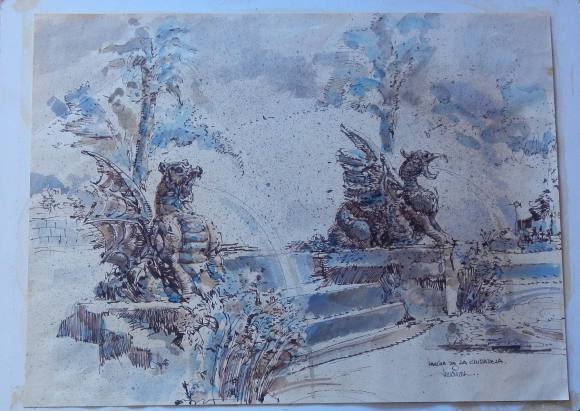 Carlos Enrique Lencinas Gómez. Watercolor and ink on paper. Ciutadella Park. Ciutadella, Barcelona. Hand-signed. Mounted on foam board, 50 x 70 cm. The drawing measures 47 x 62 cm.
