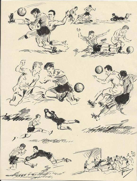 Federico Tormo Monzó. Ink drawing. Valencia C.F. 1950s. Football. Hand-signed. 20x15 cm. 1957.