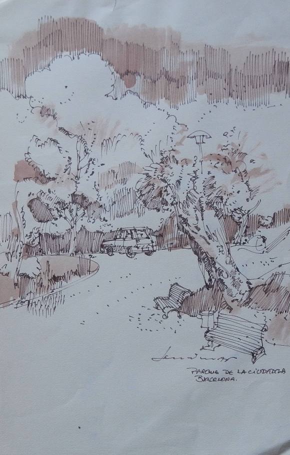Carlos Enrique Lencinas Gómez. Ink on paper. “Ciutadella Park. Ciutadella. Barcelona”. Hand-signed. 50x32 cm.