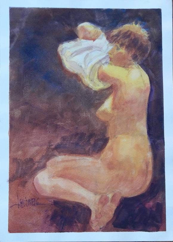 Carlos Enrique Lencinas Gómez. Watercolor on paper. “Female Nude and T-shirt”. Hand-signed. 38x28 cm.
