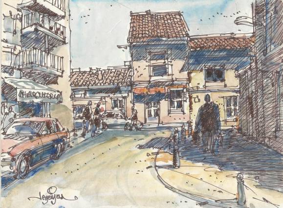Carlos Enrique Lencinas Gómez. Watercolor and ink on paper. “Village street. Delicatessen”. Hand-signed. 16.5 x 22 cm.