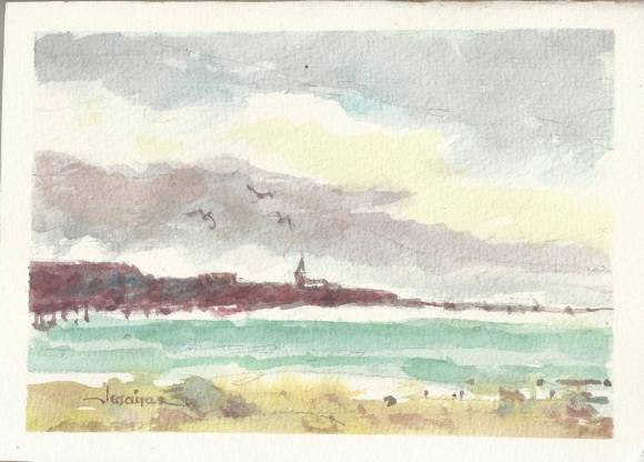 Carlos Enrique Lencinas Gómez. Watercolor on paper. “Seafaring Village and Coast”. Hand-signed. 18.5 x 25.5 cm. Mounted on foam board.