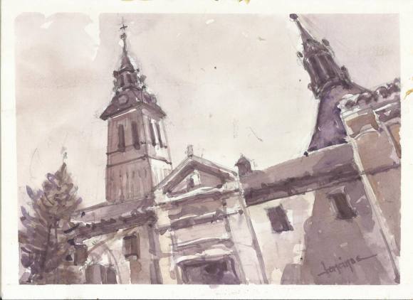 Carlos Enrique Lencinas Gómez. Watercolor on paper. “Church of Navalcarnero. Madrid”. Hand-signed. 20.5 x 28 cm. Mounted on foam board.