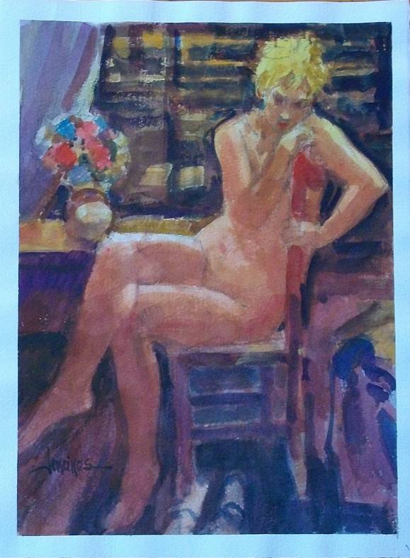 Carlos Enrique Lencinas Gómez. Watercolor on paper. “Female Nude and Chair”. Hand-signed. 38x28 cm.