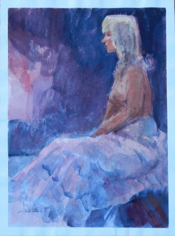 Carlos Enrique Lencinas Gómez. Watercolor on paper. “Female Nude with Skirt”. Hand-signed. 38x28 cm.