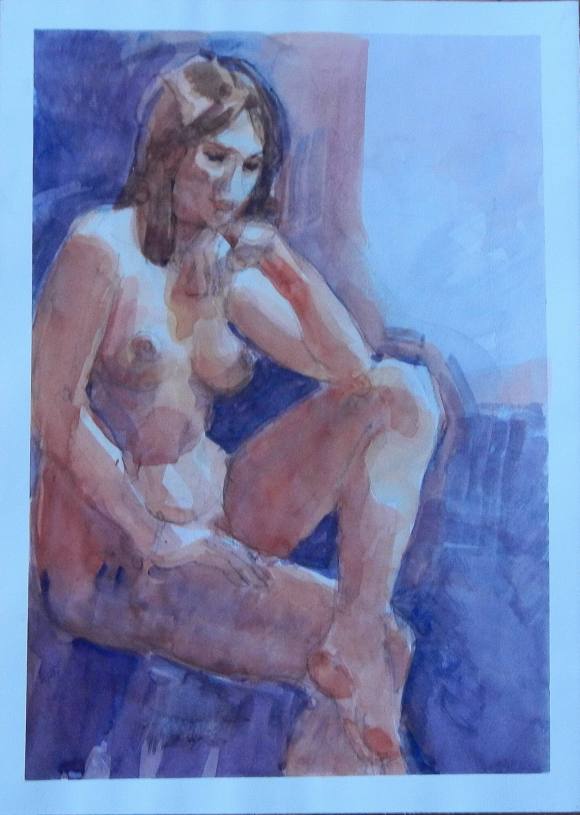 Carlos Enrique Lencinas Gómez. Watercolor on paper. “Female Nude”. Hand-signed. 34.5 x 25 cm.