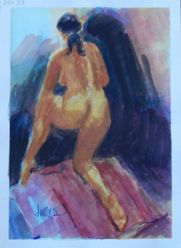 Carlos Enrique Lencinas Gómez. Watercolor on paper. “Female nude from behind”. Hand-signed. 34.5 x 25 cm.