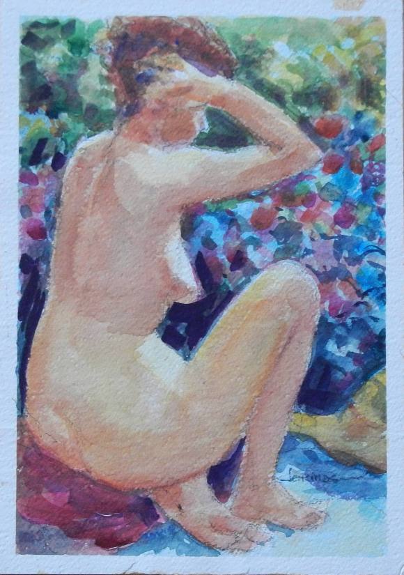 Carlos Enrique Lencinas Gómez. Watercolor on paper “Female Nude”. Hand-signed. 31x22 cm.