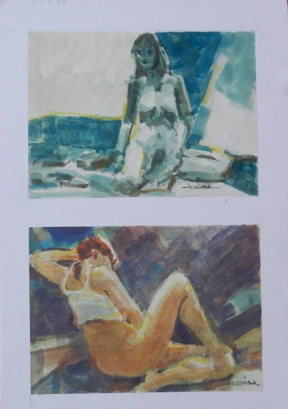 Carlos Enrique Lencinas Gómez. Watercolor on paper “Two Female Nudes”. Hand-signed. Mounted on foam board. 36x25 cm.