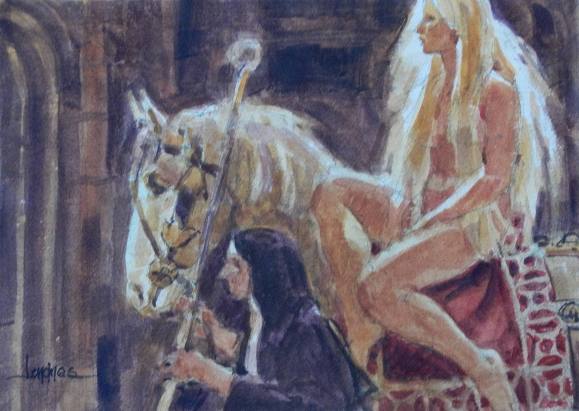 Carlos Enrique Lencinas Gómez. Watercolor on paper. “Female Nude on Horseback”. Hand-signed. 28x38 cm.