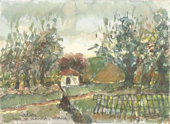 Carlos Enrique Lencinas Gómez. Watercolor on paper. “Province of Cuenca”. “Rural landscape and house”. Hand-signed. 18 x 24.5 cm.