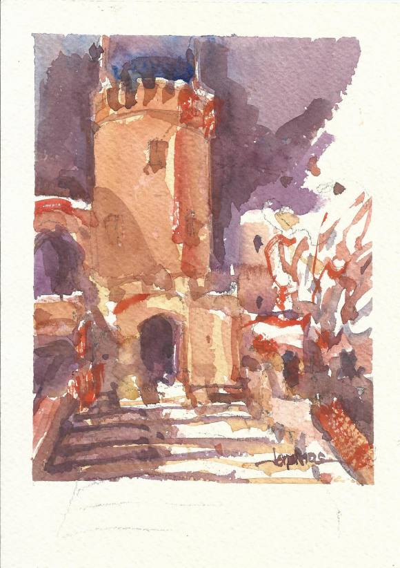 Carlos Enrique Lencinas Gómez. Watercolor on paper. “Guard Tower”. Hand-signed. 22 x 15.5 cm.