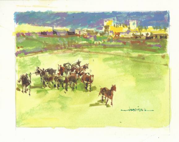 Carlos Enrique Lencinas Gómez. Watercolor on paper. “Sheep in a rural setting and castle”. Hand-signed. 17.5 x 22.5 cm. Mounted on foam board.