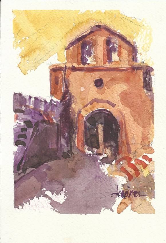 Carlos Enrique Lencinas Gómez. Watercolor on paper. “Church facade”. Hand-signed. 22 x 15.5 cm.