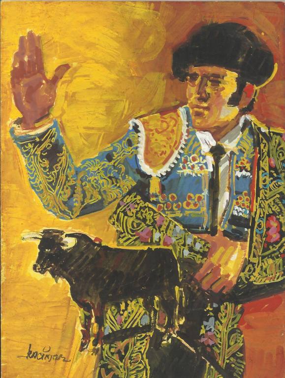 Carlos Enrique Lencinas Gómez. Acrylic on cardboard. “Bull and bullfighter”. Hand-signed. 22 x 16.5 cm.