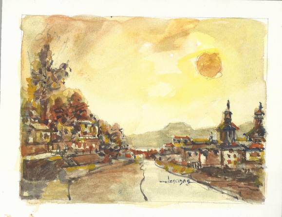 Carlos Enrique Lencinas Gómez. Watercolor on paper. “Municipality, sun and central river”. Hand-signed. 17x22 cm.