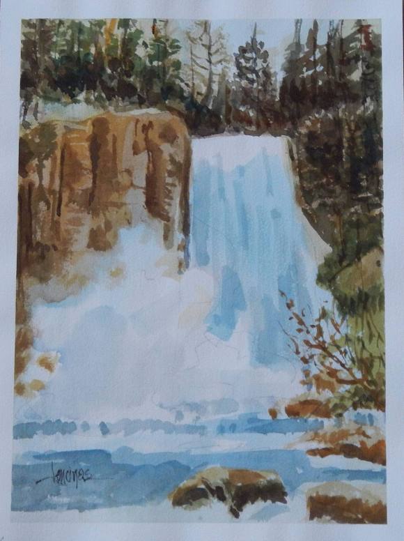 Carlos Enrique Lencinas Gómez. Watercolor on paper. “Waterfall and forest area”. Hand-signed. 28x38 cm.
