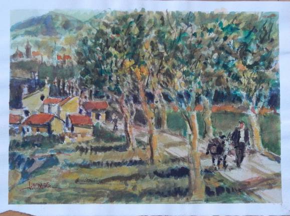Carlos Enrique Lencinas Gómez. Watercolor on paper. “Town, donkey, gentleman and exit with trees”. Hand-signed. 28x38 cm.