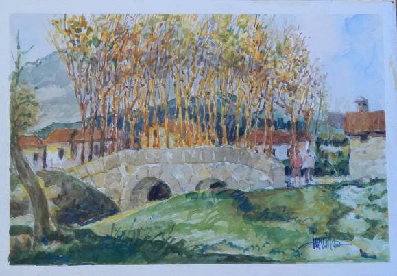 Carlos Enrique Lencinas Gómez. Watercolor on paper. “Roman Village and Bridge”. Hand-signed. Mounted on foam board. 25 x 36 cm.
