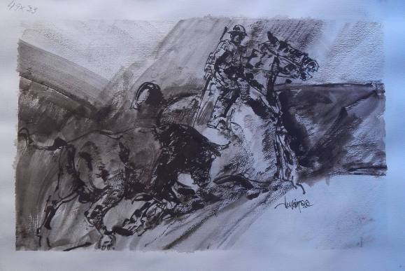 Carlos Enrique Lencinas Gómez. Watercolor on paper. “Picador and bull”. Hand-signed. 50x33 cm. Unsigned female nude on the back.
