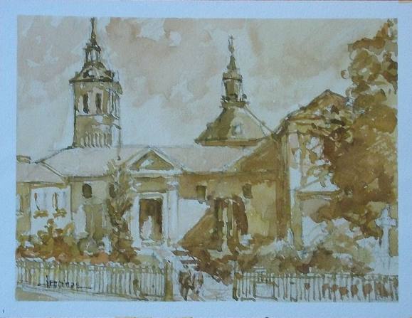 Carlos Enrique Lencinas Gómez. Watercolor on paper. “Church of Navalcarnero. Madrid”. Hand-signed. 23x30 cm.