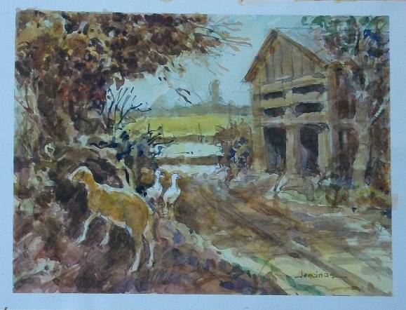 Carlos Enrique Lencinas Gómez. Watercolor on paper. “Farm, Sheep and Geese”. Hand-signed. 25 x 32.5 cm.