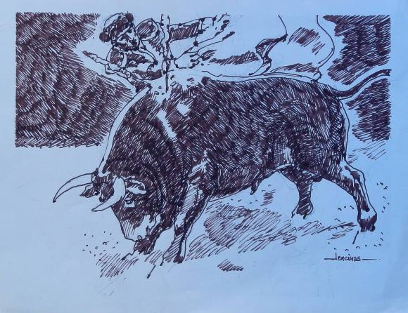 Carlos Enrique Lencinas Gómez. Ink on paper. “Bull and bullfighter”. Hand-signed. 23.5 x 30 cm.